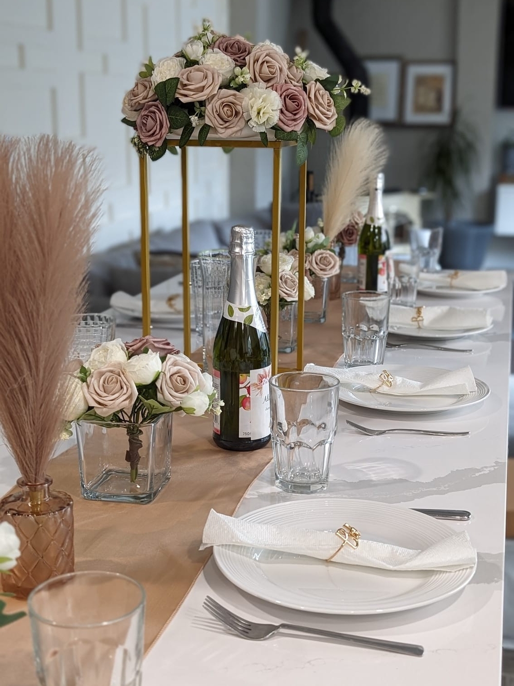 Champagne Table Centerpiece with Blush & Cream Roses